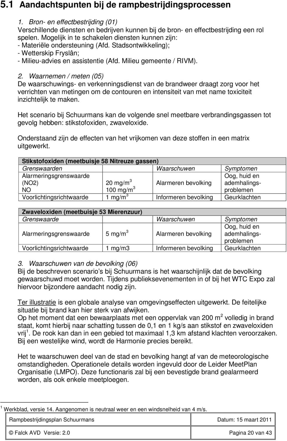 Waarnemen / meten (05) De waarschuwings- en verkenningsdienst van de brandweer draagt zorg voor het verrichten van metingen om de contouren en intensiteit van met name toxiciteit inzichtelijk te