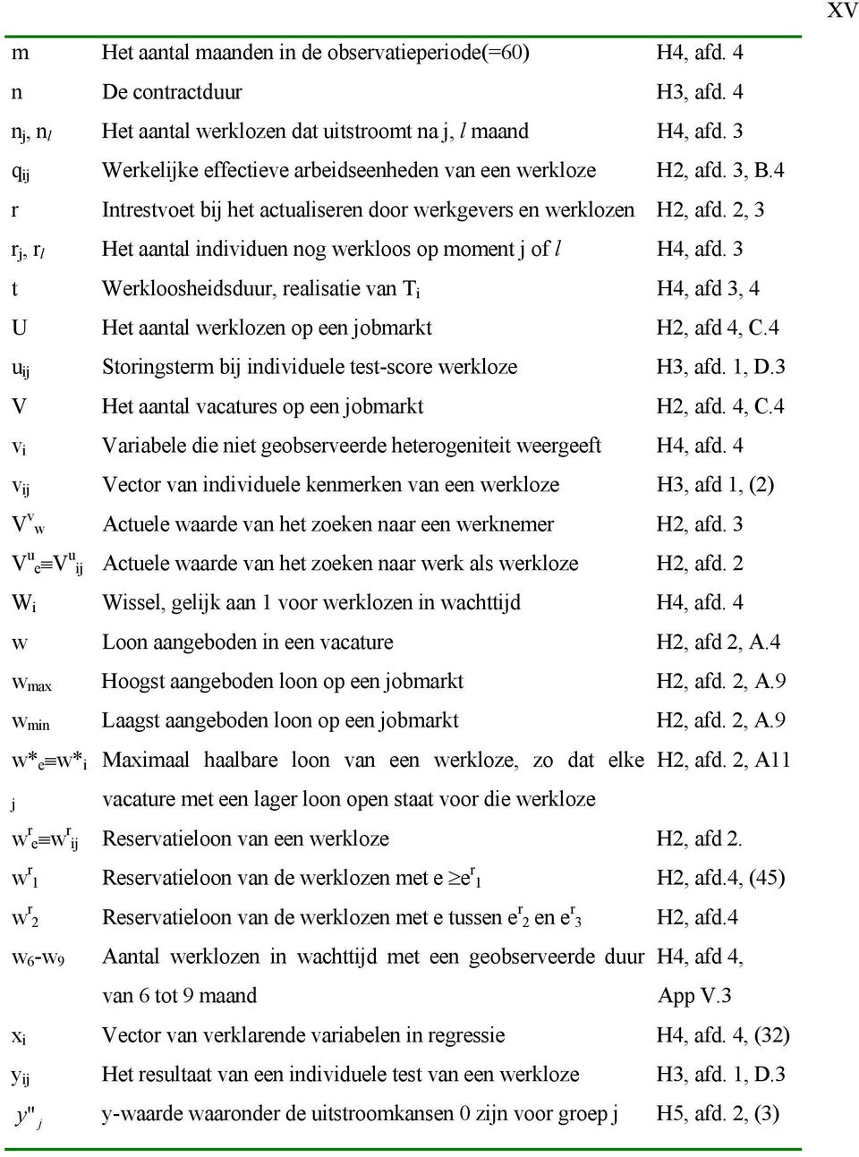 2, 3 r j, r l Het aantal individuen nog werkloos op moment j of l H4, afd. 3 t Werkloosheidsduur, realisatie van T i H4, afd 3, 4 U Het aantal werklozen op een jobmarkt H2, afd 4, C.