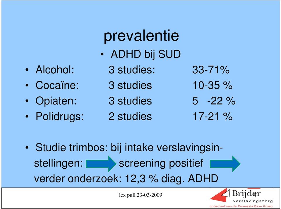 17-21 % Studie trimbos: bij intake verslavingsinstellingen: