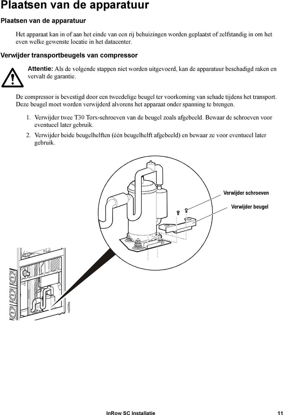 De compressor is bevestigd door een tweedelige beugel ter voorkoming van schade tijdens het transport. Deze beugel moet worden verwijderd alvorens het apparaat onder spanning te brengen. 1.