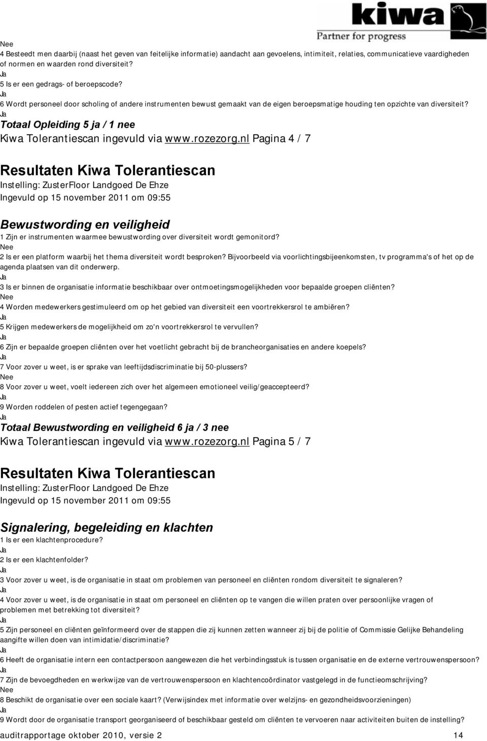 Totaal Opleiding 5 ja / 1 nee Kiwa Tolerantiescan ingevuld via www.rozezorg.