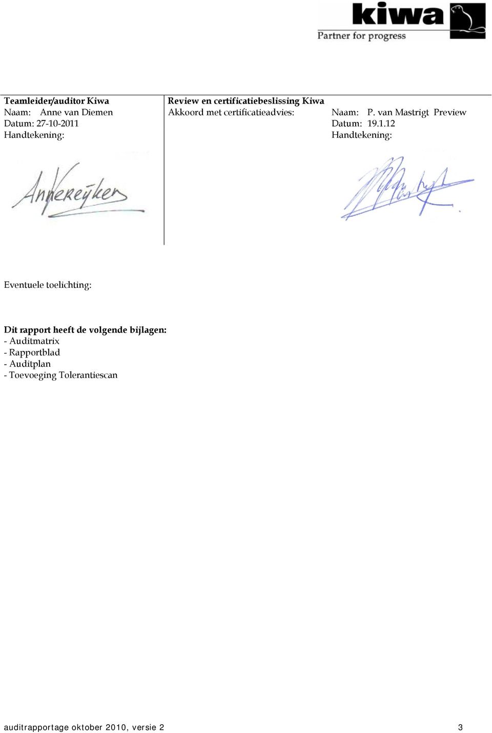 -2011 Datum: 19.1.12 Handtekening: Handtekening: Eventuele toelichting: Dit rapport heeft de