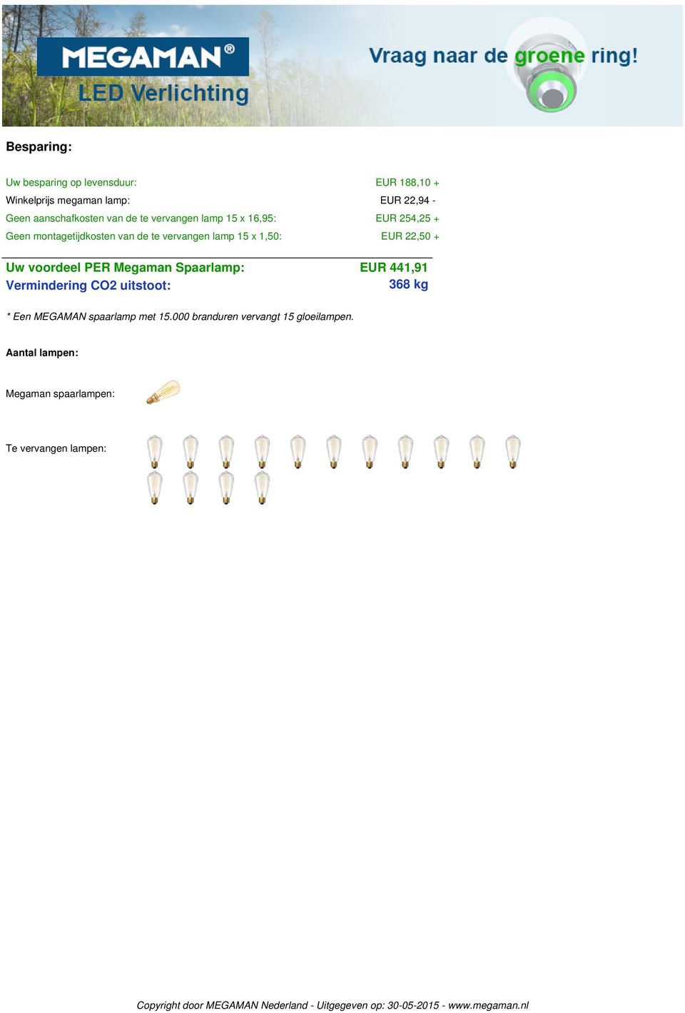 EUR 22,50 + Uw voordeel PER Megaman Spaarlamp: Vermindering CO2 uitstoot: EUR 441,91 368 kg * Een MEGAMAN