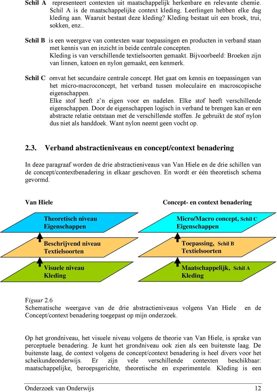 . Schil B is een weergave van contexten waar toepassingen en producten in verband staan met kennis van en inzicht in beide centrale concepten. Kleding is van verschillende textielsoorten gemaakt.