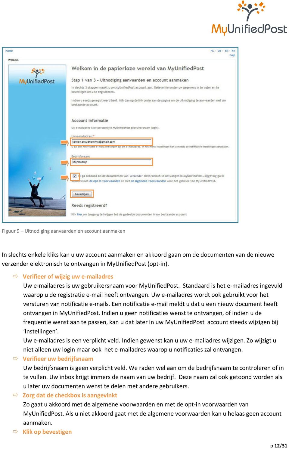 Uw e-mailadres wordt ook gebruikt voor het versturen van notificatie e-mails. Een notificatie e-mail meldt u dat u een nieuw document heeft ontvangen in MyUnifiedPost.