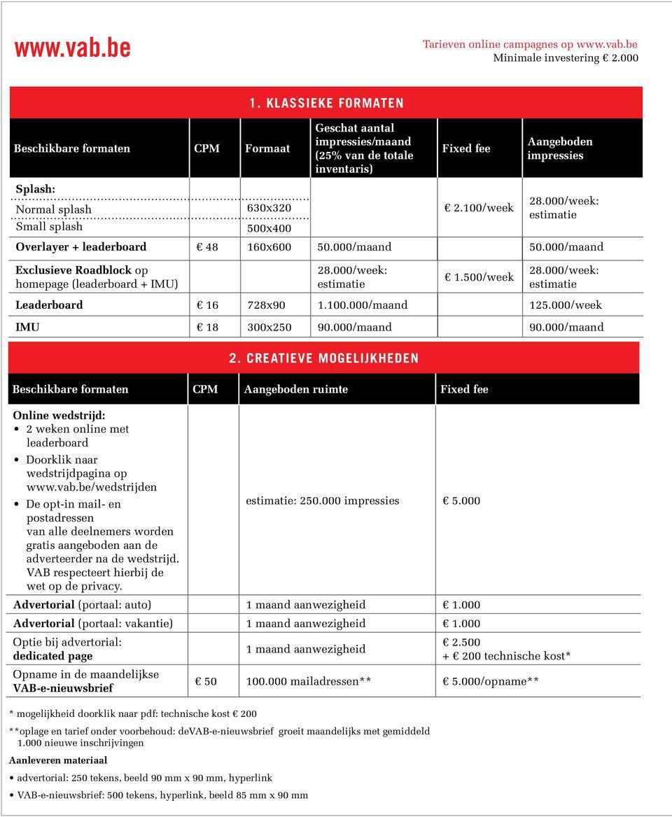000/week: estimatie Small splash 500x400 Overlayer + leaderboard 48 160x600 50.000/maand 50.000/maand Exclusieve Roadblock op homepage (leaderboard + IMU) 28.000/week: estimatie 1.500/week 28.