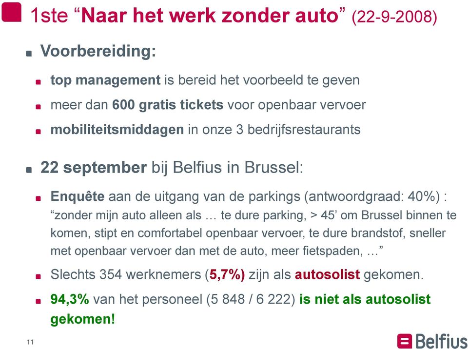 mijn auto alleen als te dure parking, > 45 om Brussel binnen te komen, stipt en comfortabel openbaar vervoer, te dure brandstof, sneller met openbaar vervoer