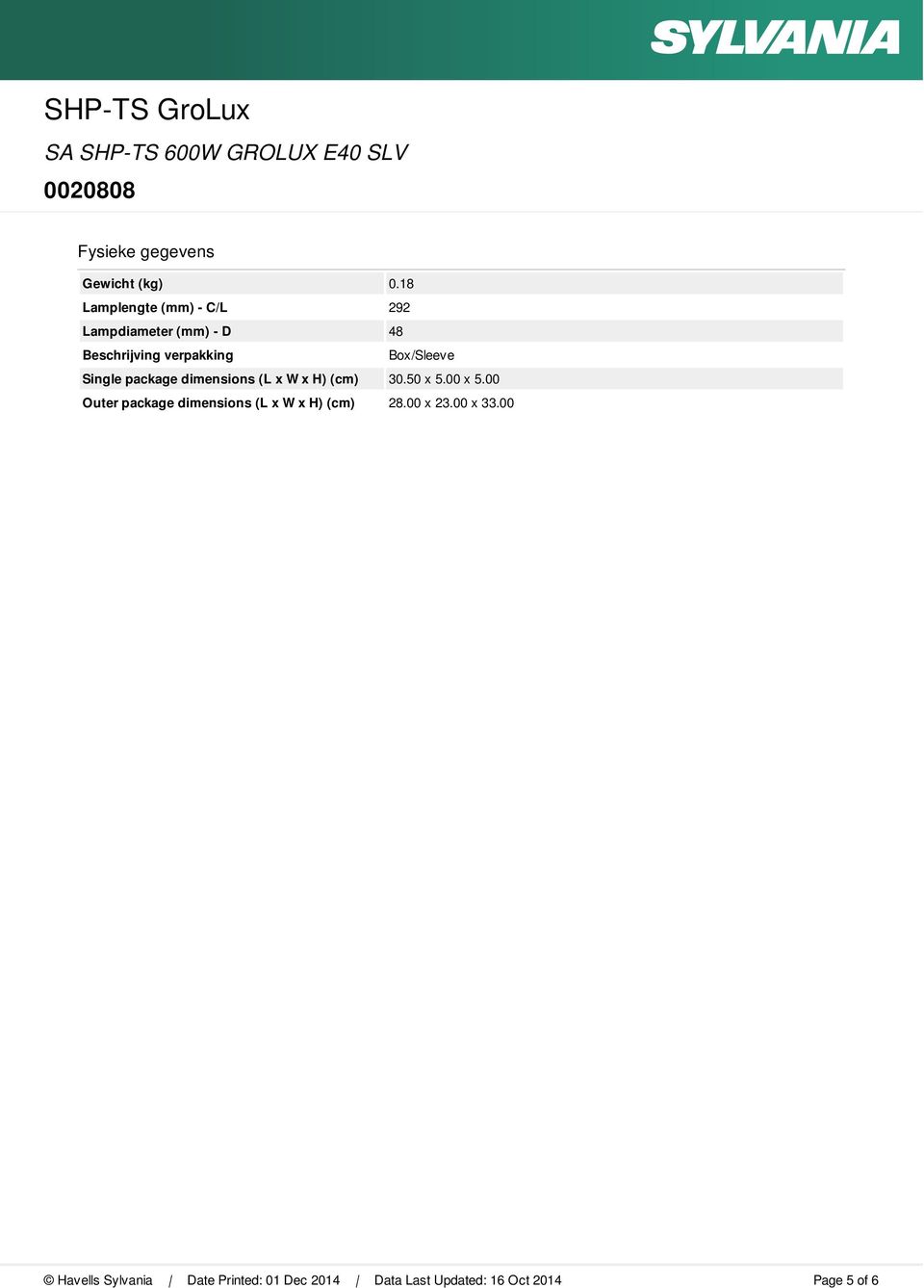 Box/Sleeve Single package dimensions (L x W x H) (cm) 30.50 x 5.00 x 5.