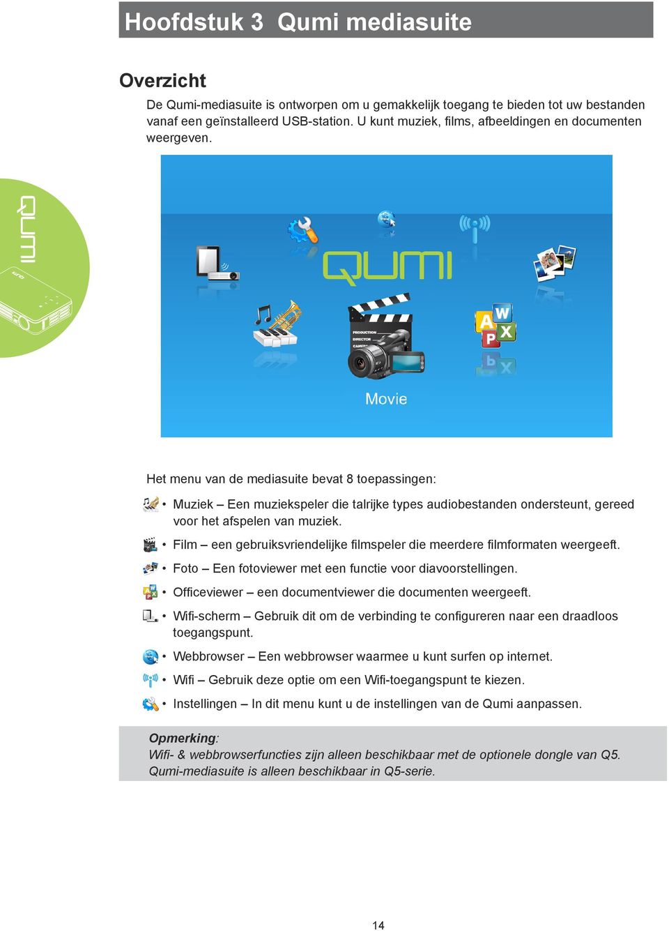 Het menu van de mediasuite bevat 8 toepassingen: Muziek Een muziekspeler die talrijke types audiobestanden ondersteunt, gereed voor het afspelen van muziek.