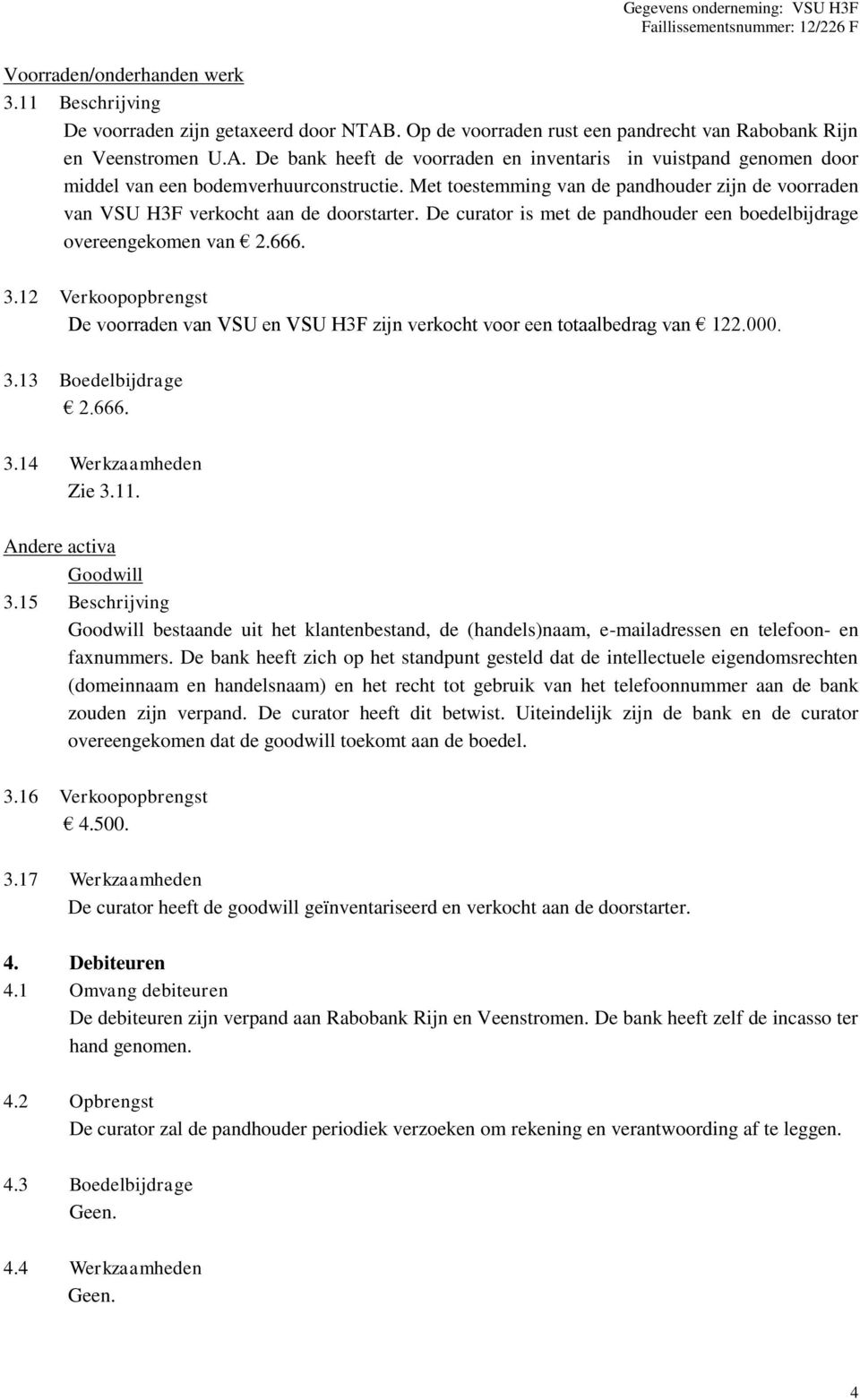 12 Verkoopopbrengst De voorraden van VSU en VSU H3F zijn verkocht voor een totaalbedrag van 122.000. 3.13 Boedelbijdrage 2.666. 3.14 Werkzaamheden Zie 3.11. Andere activa Goodwill 3.