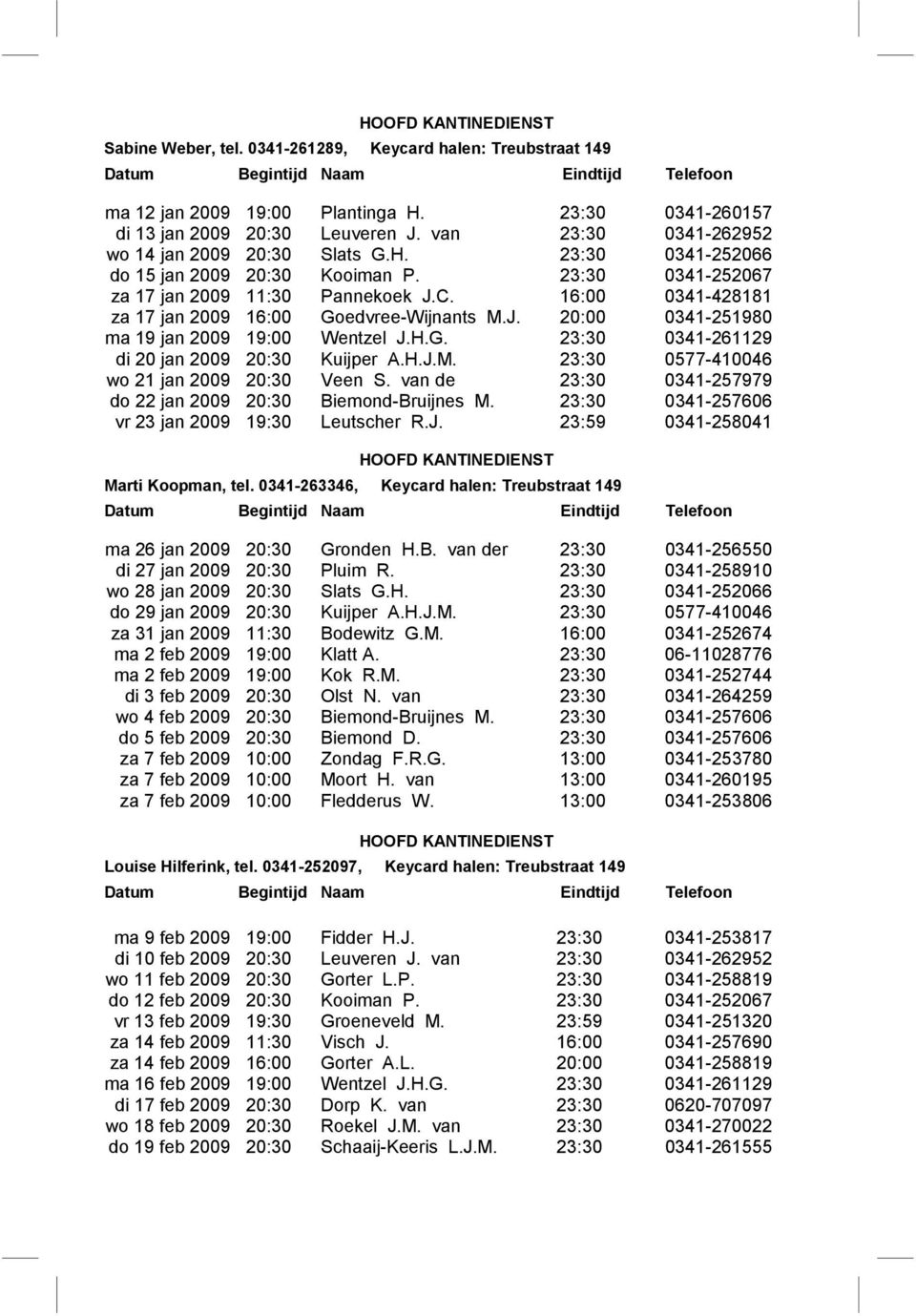 23:30 0341-252067 za 17 jan 2009 11:30 Pannekoek J.C. 16:00 0341-428181 za 17 jan 2009 16:00 Goedvree-Wijnants M.J. 20:00 0341-251980 ma 19 jan 2009 19:00 Wentzel J.H.G. 23:30 0341-261129 di 20 jan 2009 20:30 Kuijper A.