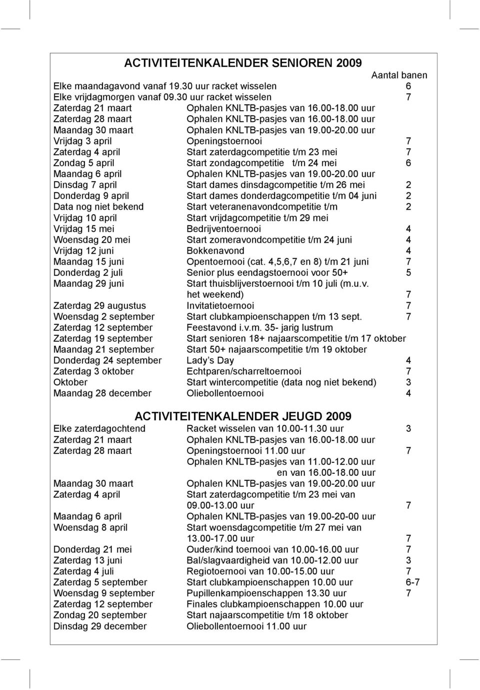 00 uur Vrijdag 3 april Openingstoernooi 7 Zaterdag 4 april Start zaterdagcompetitie t/m 23 mei 7 Zondag 5 april Start zondagcompetitie t/m 24 mei 6 Maandag 6 april Ophalen KNLTB-pasjes van 19.00-20.