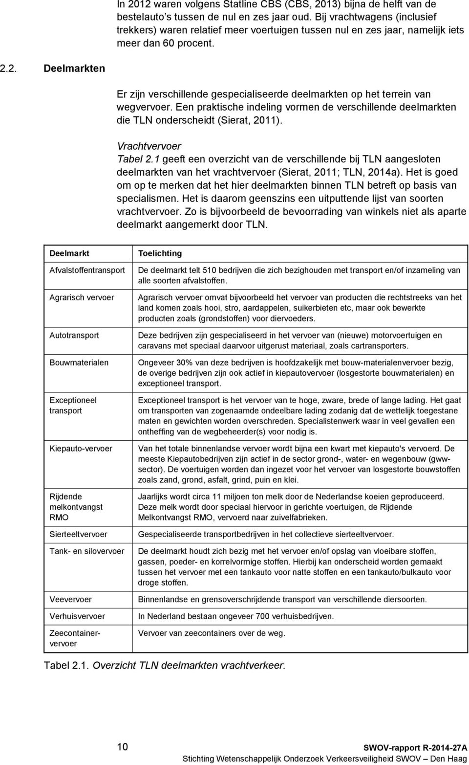 2. Deelmarkten Er zijn verschillende gespecialiseerde deelmarkten op het terrein van wegvervoer. Een praktische indeling vormen de verschillende deelmarkten die TLN onderscheidt (Sierat, 2011).