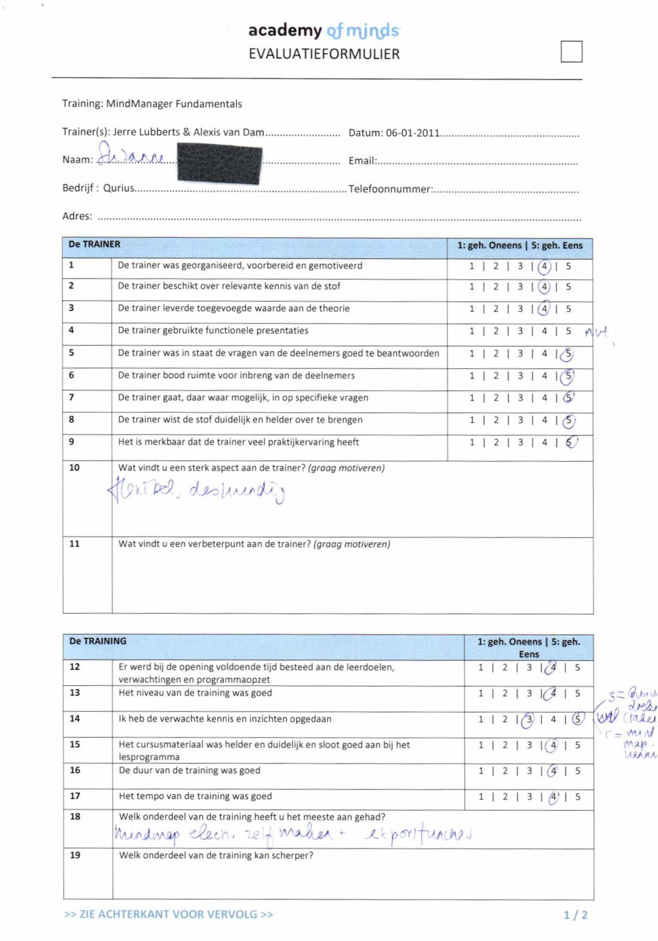 3 lq) s De ùalner gebruiktè f unctlonele pr sentaties 1l2l3l4l5 / De train r was in staat de vragen van de deelnemers to d te b antwoorden 1t2t3t4tO 6 De train. bood ruimte voor inb.