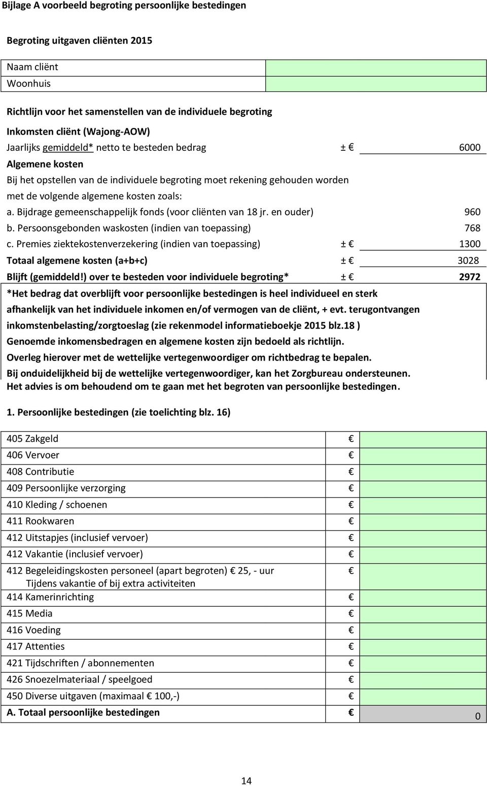 Bijdrage gemeenschappelijk fonds (voor cliënten van 18 jr. en ouder) 960 b. Persoonsgebonden waskosten (indien van toepassing) 768 c.