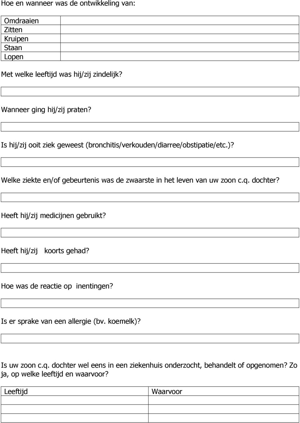 Welke ziekte en/of gebeurtenis was de zwaarste in het leven van uw zoon c.q. dochter? Heeft hij/zij medicijnen gebruikt? Heeft hij/zij koorts gehad?