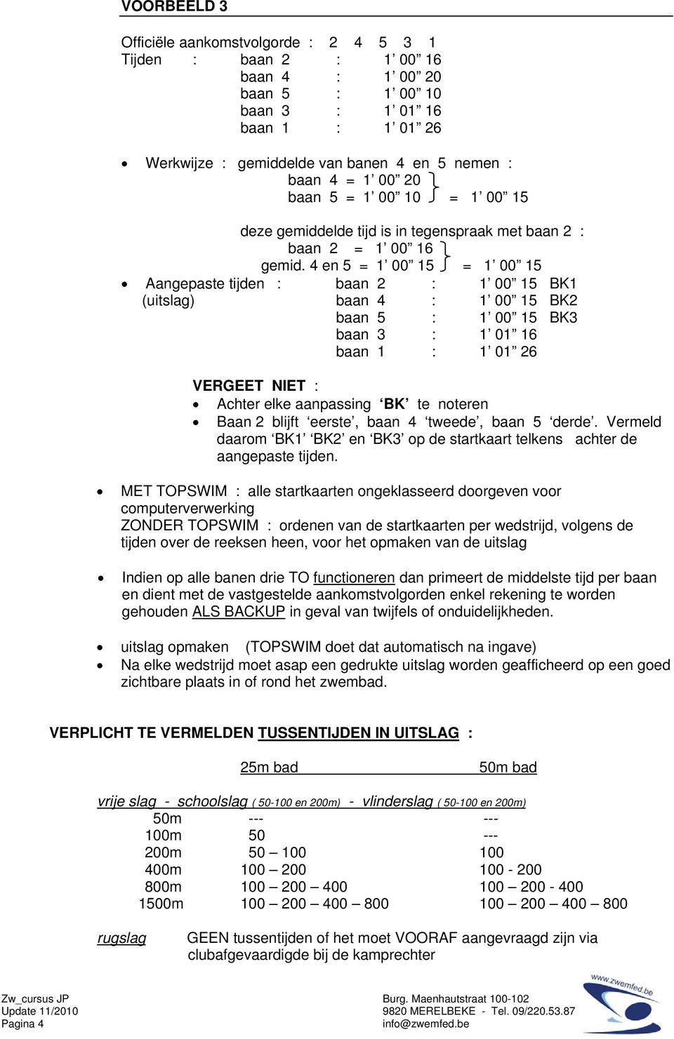 4 en 5 = 1 00 15 = 1 00 15 Aangepaste tijden : baan 2 : 1 00 15 BK1 (uitslag) baan 4 : 1 00 15 BK2 baan 5 : 1 00 15 BK3 baan 3 : 1 01 16 baan 1 : 1 01 26 VERGEET NIET : Achter elke aanpassing BK te