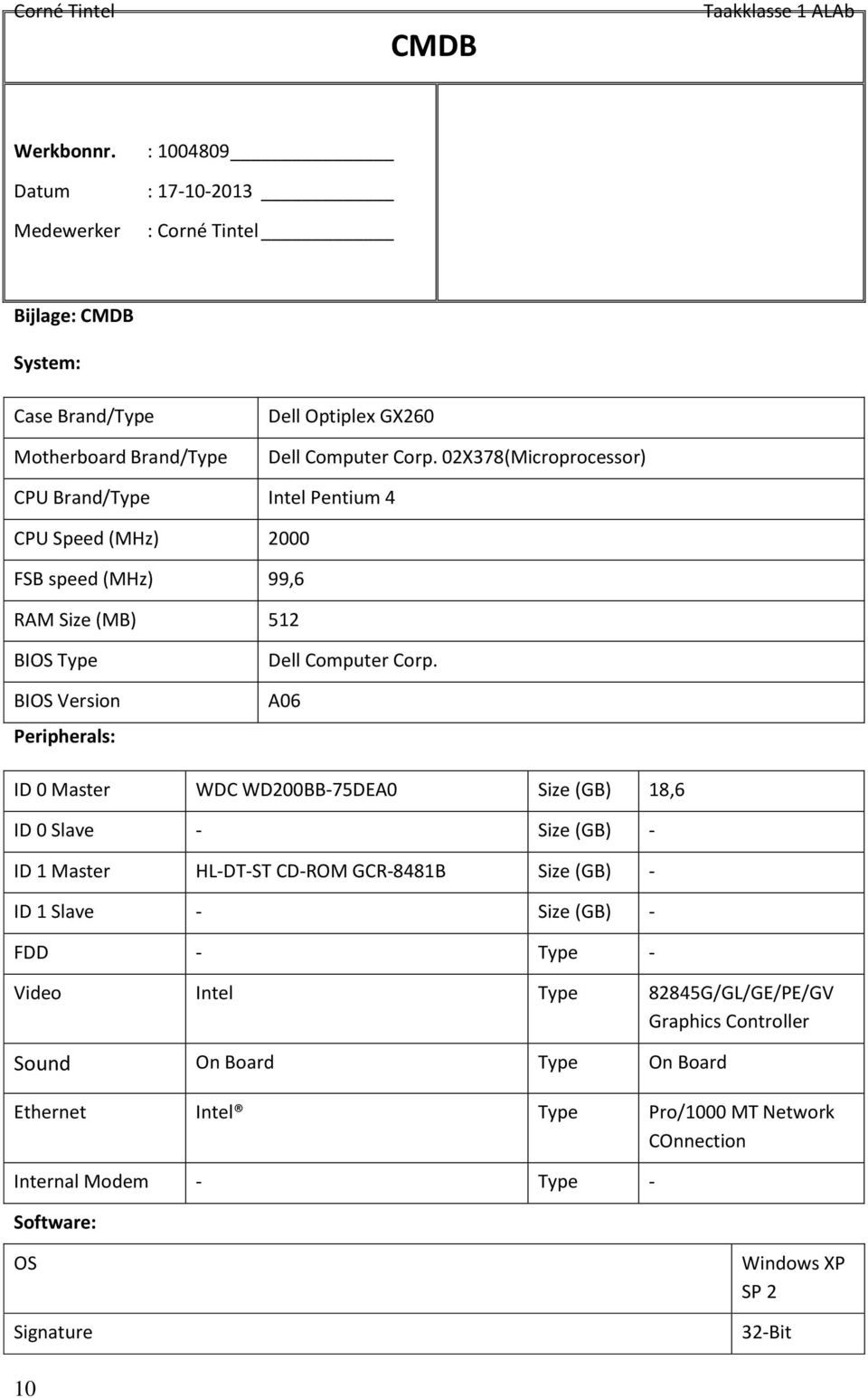 A06 ID 0 Master WDC WD200BB-75DEA0 Size (GB) 18,6 ID 0 Slave - Size (GB) - ID 1 Master HL-DT-ST CD-ROM GCR-8481B Size (GB) - ID 1 Slave - Size (GB) - FDD - Type - Video Intel