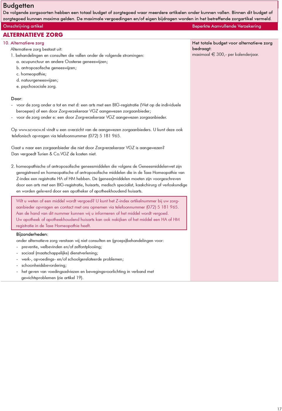 Omschrijving artikel Beperkte Aanvullende Verzekering Alternatieve zorg 10. Alternatieve zorg Alternatieve zorg bestaat uit: 1. behandelingen en consulten die vallen onder de volgende stromingen: a.