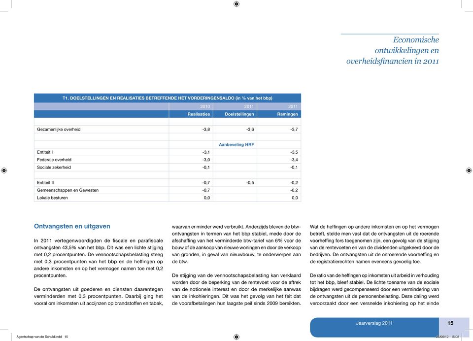 -3,1-3,5 Federale overheid -3,0-3,4 Sociale zekerheid -0,1-0,1 Entiteit II -0,7-0,5-0,2 Gemeenschappen en Gewesten -0,7-0,2 Lokale besturen 0,0 0,0 Ontvangsten en uitgaven In 2011 vertegenwoordigden