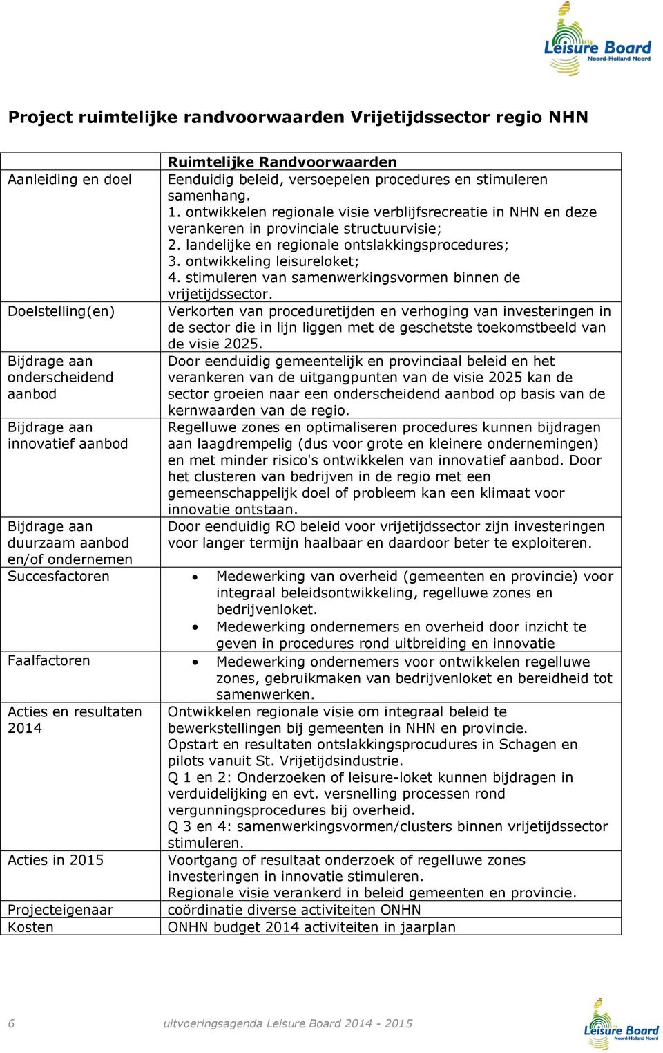 ontwikkeling leisureloket; 4. stimuleren van samenwerkingsvormen binnen de vrijetijdssector.