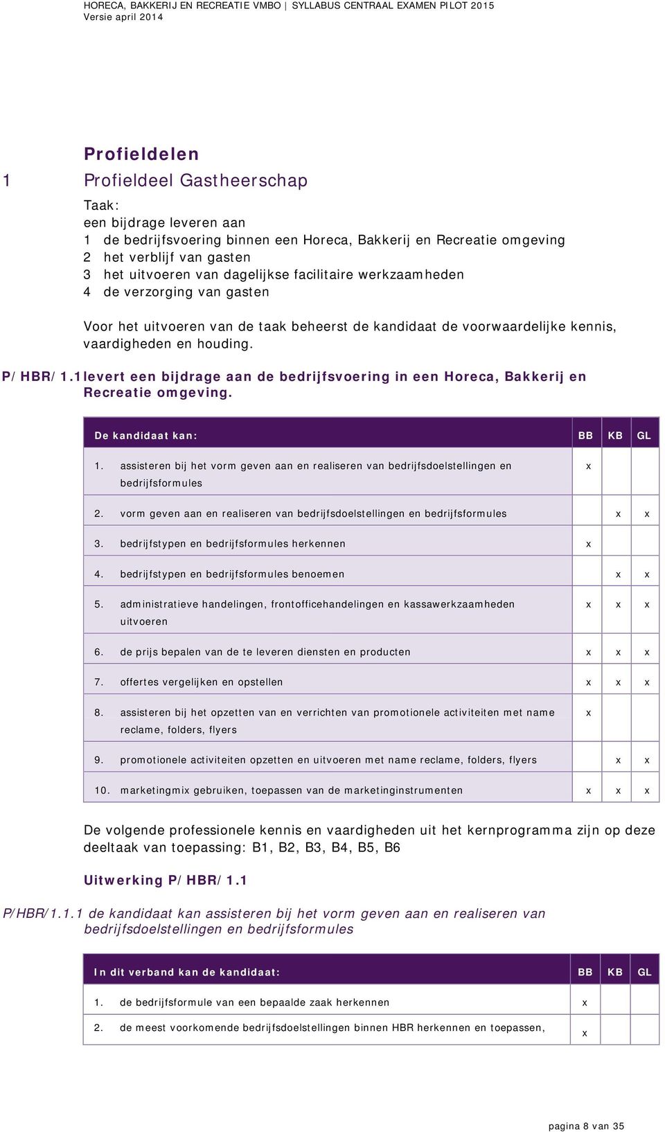 1 levert een bijdrage aan de bedrijfsvoering in een Horeca, Bakkerij en Recreatie omgeving. De kandidaat kan: BB KB GL 1.