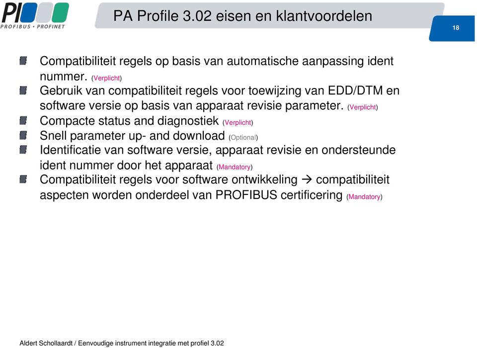 (Verplicht) Compacte status and diagnostiek (Verplicht) Snell parameter up- and download (Optional) Identificatie van software versie, apparaat