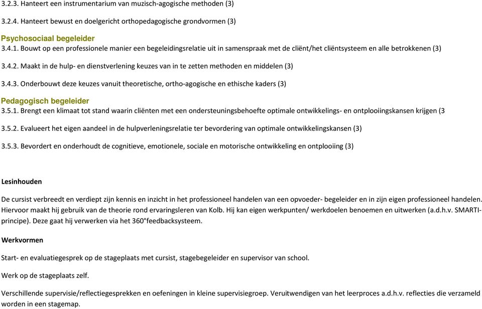 Maakt in de hulp- en dienstverlening keuzes van in te zetten methoden en middelen (3) 3.4.3. Onderbouwt deze keuzes vanuit theoretische, ortho-agogische en ethische kaders (3) Pedagogisch begeleider 3.