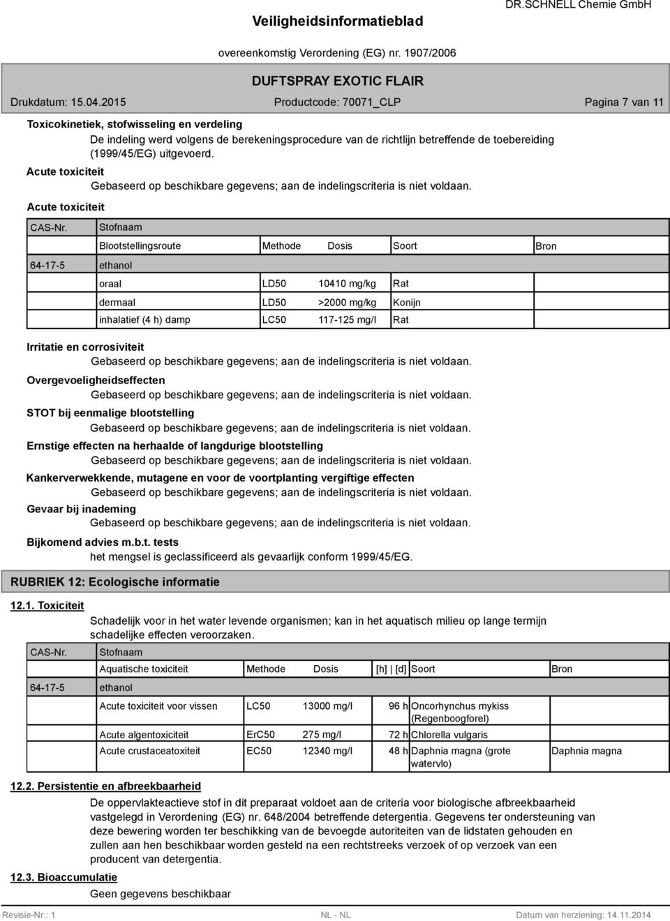 Stofnaam Blootstellingsroute Methode Dosis Soort Bron 64-17-5 ethanol oraal LD50 10410 mg/kg Rat dermaal LD50 >2000 mg/kg Konijn inhalatief (4 h) damp LC50 117-125 mg/l Rat Irritatie en corrosiviteit