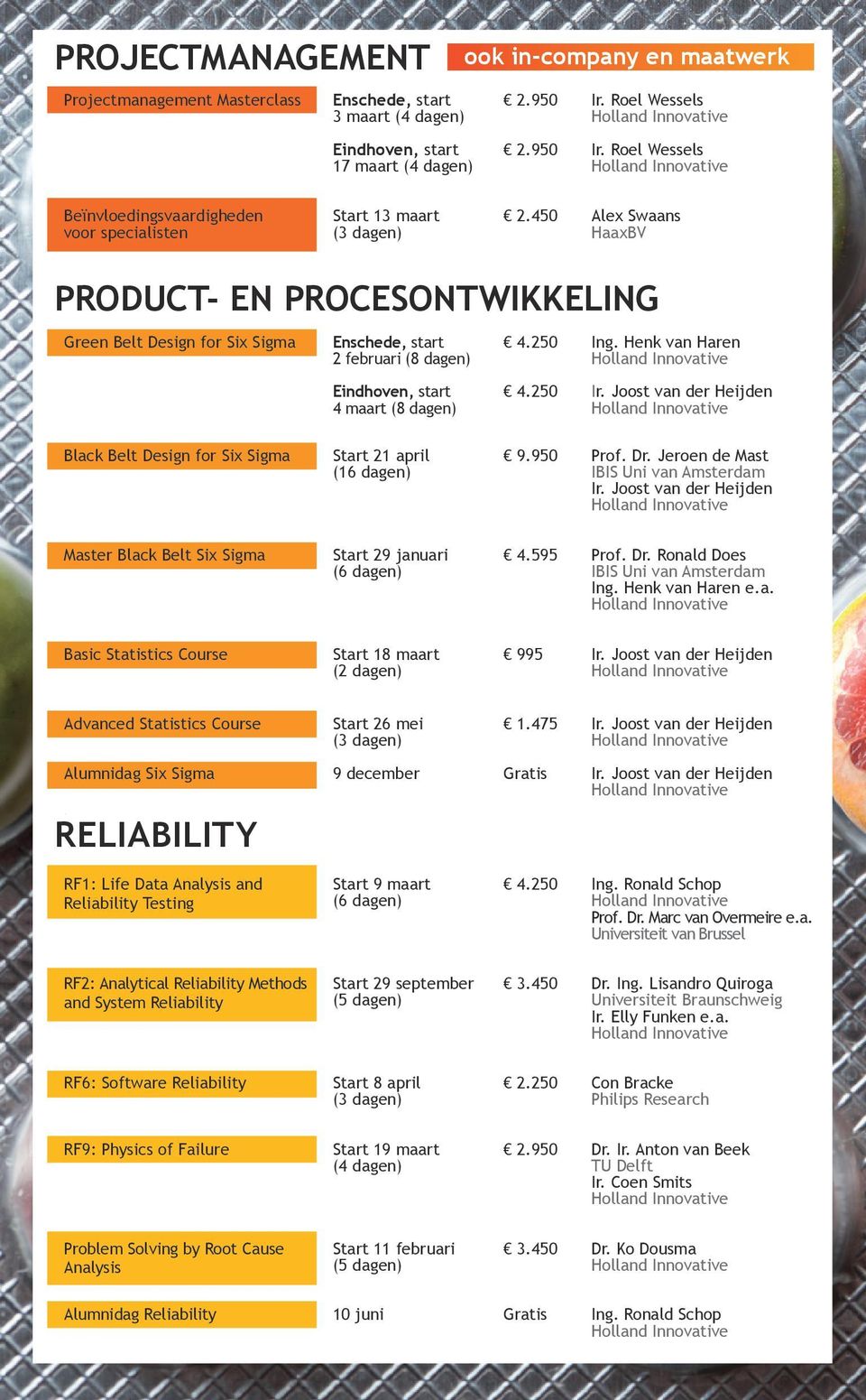 450 Alex Swaans HaaxBV PRODUCT- EN PROCESONTWIKKELING Green Belt Design for Six Sigma Enschede, start 2 februari (8 dagen) Eindhoven, start 4 maart (8 dagen) 4.250 4.