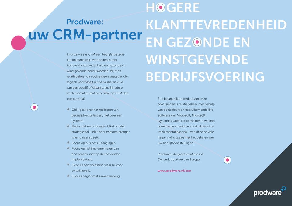 Bij iedere implementatie staat onze visie op CRM dan ook centraal: CRM gaat over het realiseren van bedrijfsdoelstellingen, niet over een systeem. Begin met een strategie.