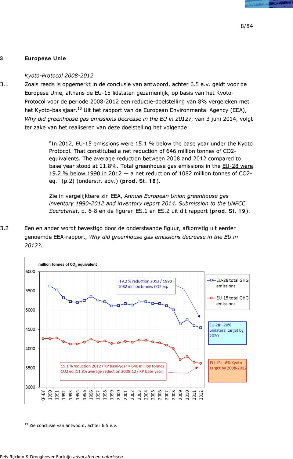 geldt voor de Europese Unie, althans de EU-15 lidstaten gezamenlijk, op basis van het Kyoto- Protocol voor de periode 2008-2012 een reductie-doelstelling van 8% vergeleken met het Kyoto-basisjaar.