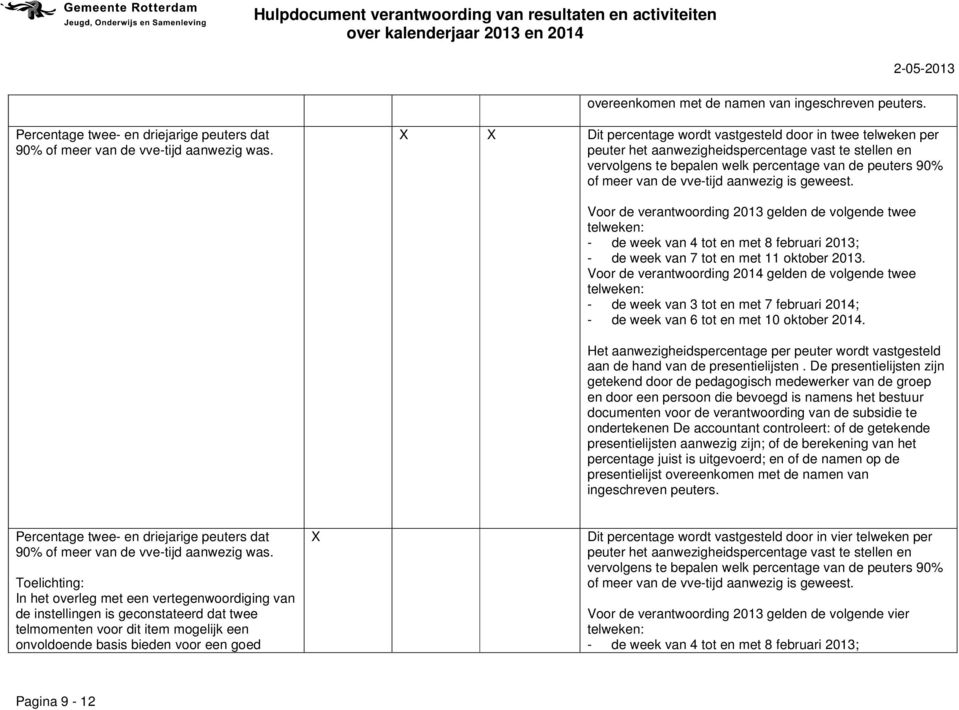 aanwezig is geweest. Voor de verantwoording 2013 gelden de volgende twee - de week van 4 tot en met 8 februari 2013; - de week van 7 tot en met 11 oktober 2013.