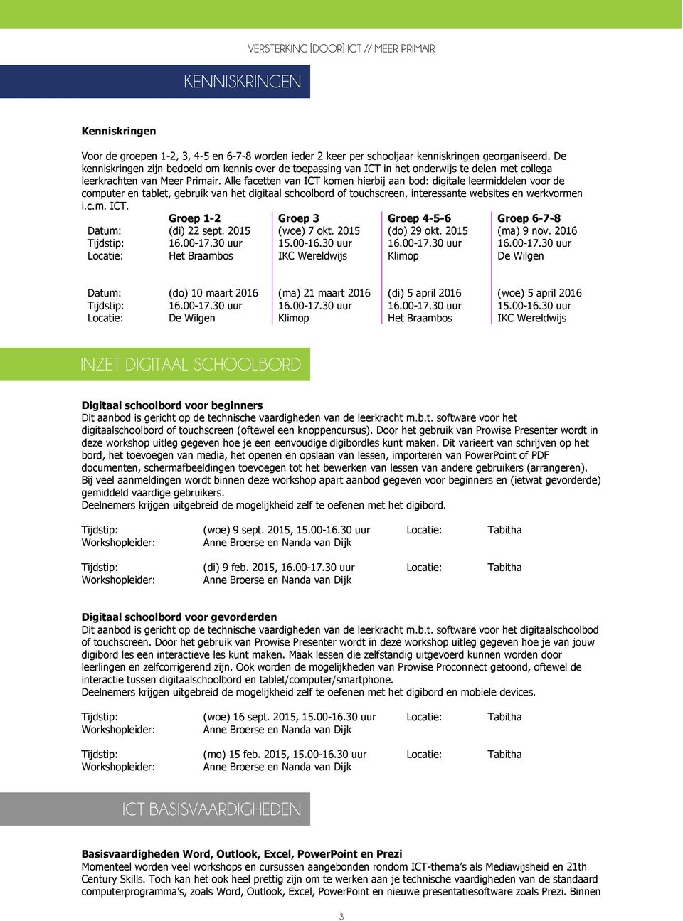 Alle facetten van ICT komen hierbij aan bod: digitale leermiddelen voor de computer en tablet, gebruik van het digitaal schoolbord of touchscreen, interessante websites en werkvormen i.c.m. ICT. Groep 1-2 Groep 3 Groep 4-5-6 Groep 6-7-8 Datum: (di) 22 sept.