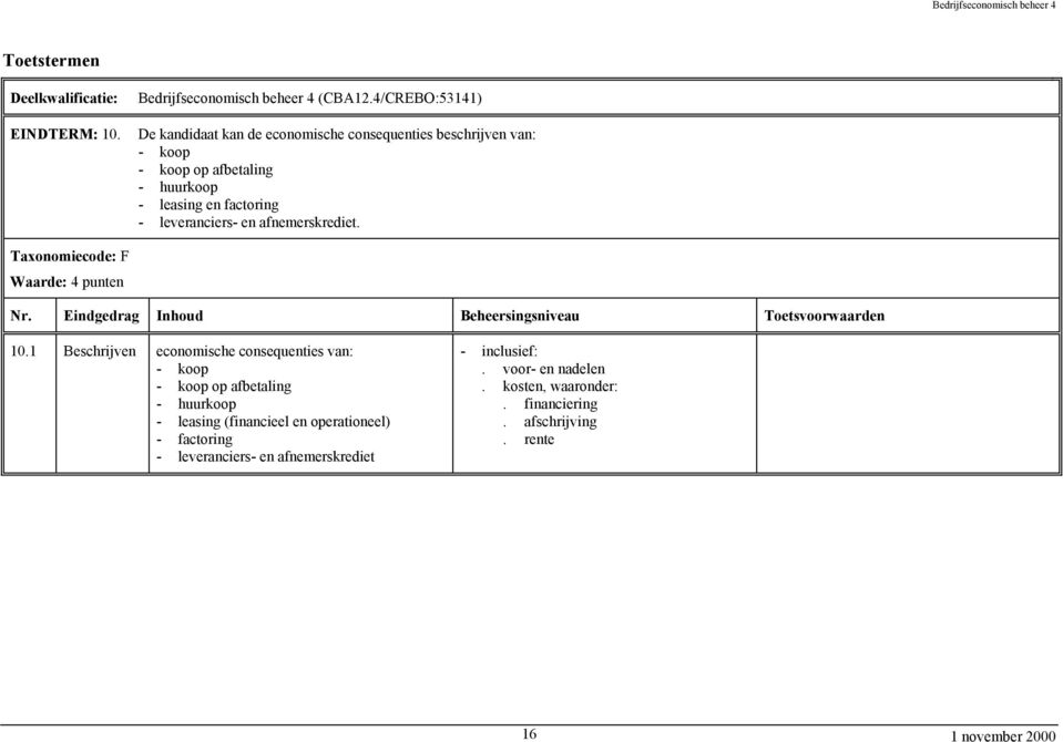 factoring - leveranciers- en afnemerskrediet. Taxonomiecode: F Waarde: 4 punten 10.