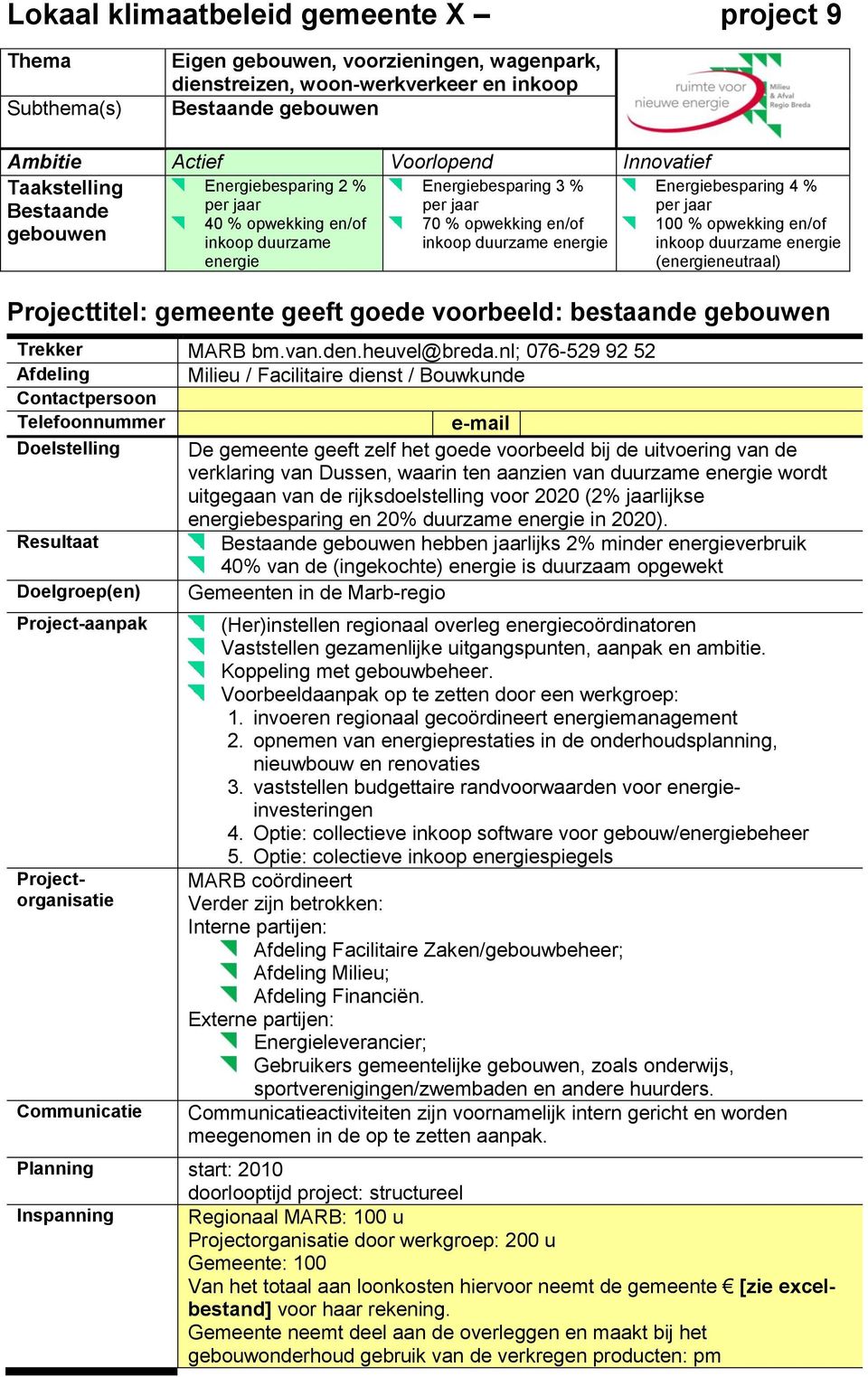 nl; 076-529 92 52 Afdeling Milieu / Facilitaire dienst / Bouwkunde Contactpersoon Telefoonnummer e-mail Doelstelling De gemeente geeft zelf het goede voorbeeld bij de uitvoering van de verklaring van