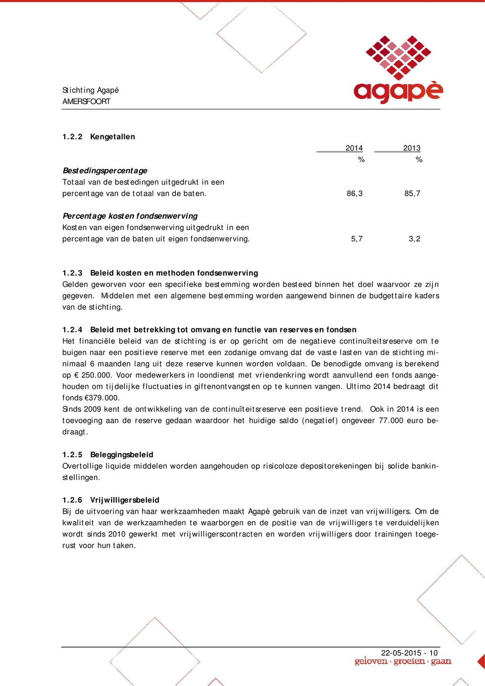 1.2.3 Beleid kosten en methoden fondsenwerving Gelden geworven voor een specifieke bestemming worden besteed binnen het doel waarvoor ze zijn gegeven.