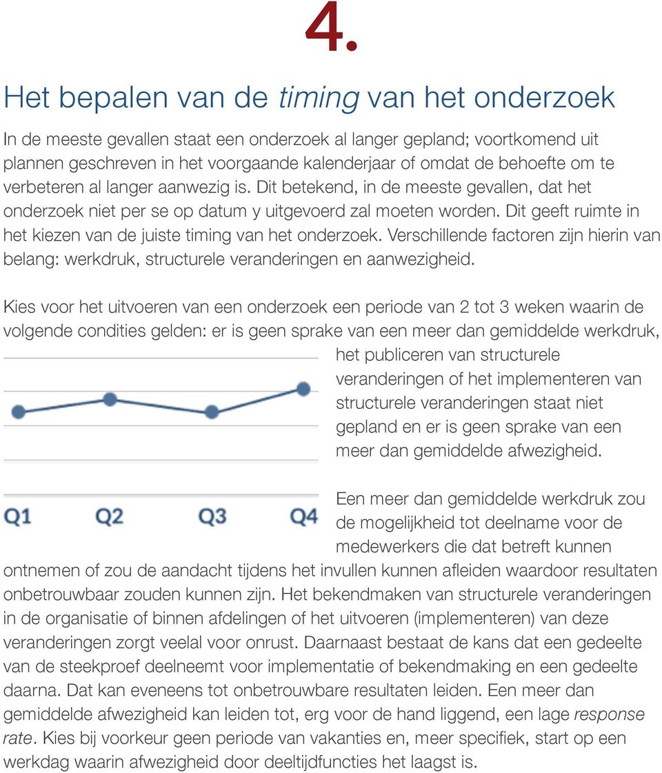 Dit geeft ruimte in het kiezen van de juiste timing van het onderzoek. Verschillende factoren zijn hierin van belang: werkdruk, structurele veranderingen en aanwezigheid.