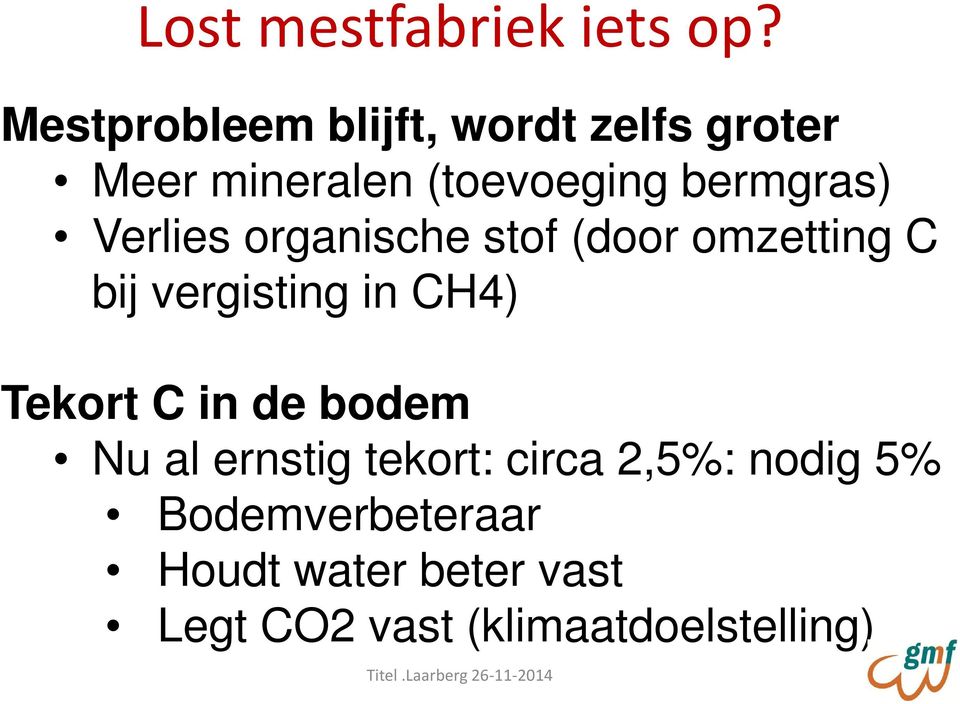 Verlies organische stof (door omzetting C bij vergisting in CH4) Tekort C in de