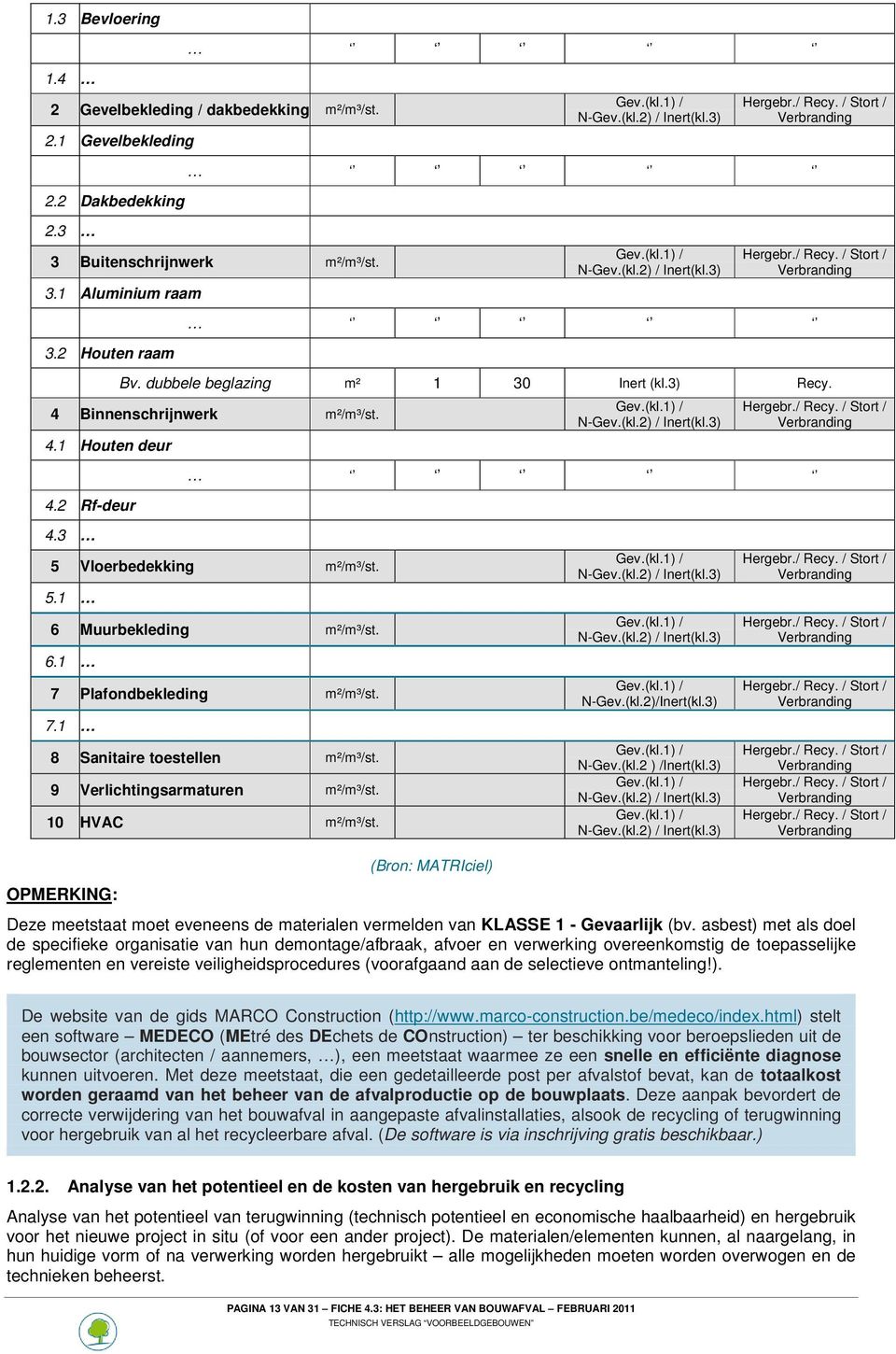 4 Binnenschrijnwerk m²/m³/st. 4.1 Houten deur 4.2 Rf-deur Gev.(kl.1) / N-Gev.(kl.2) / Inert(kl.3) Hergebr./ Recy. / Stort / Verbranding 4.3 5 Vloerbedekking m²/m³/st. 5.1 6 