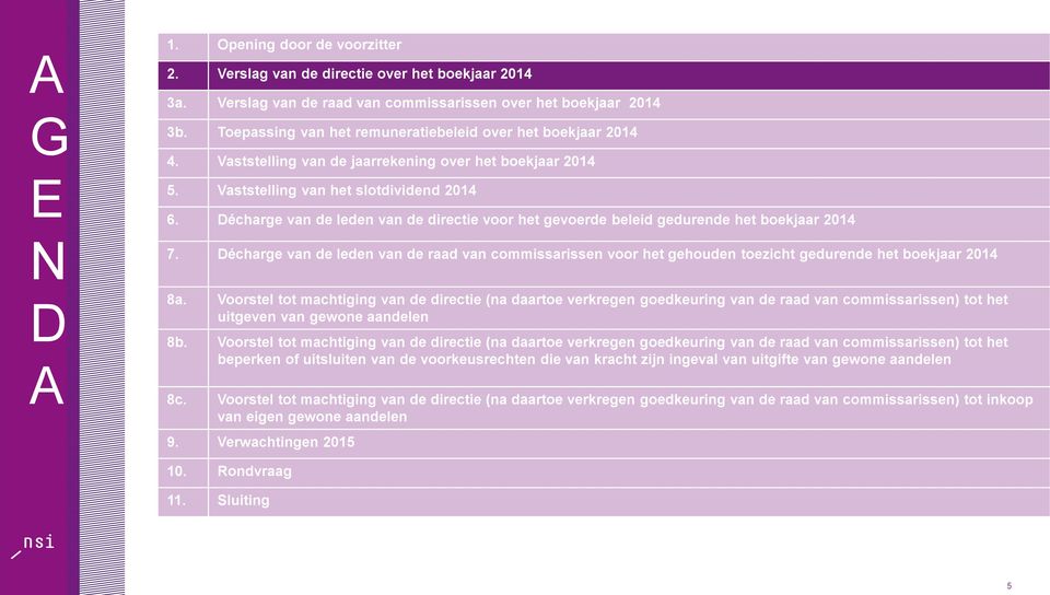 Décharge van de leden van de directie voor het gevoerde beleid gedurende het boekjaar 2014 7.