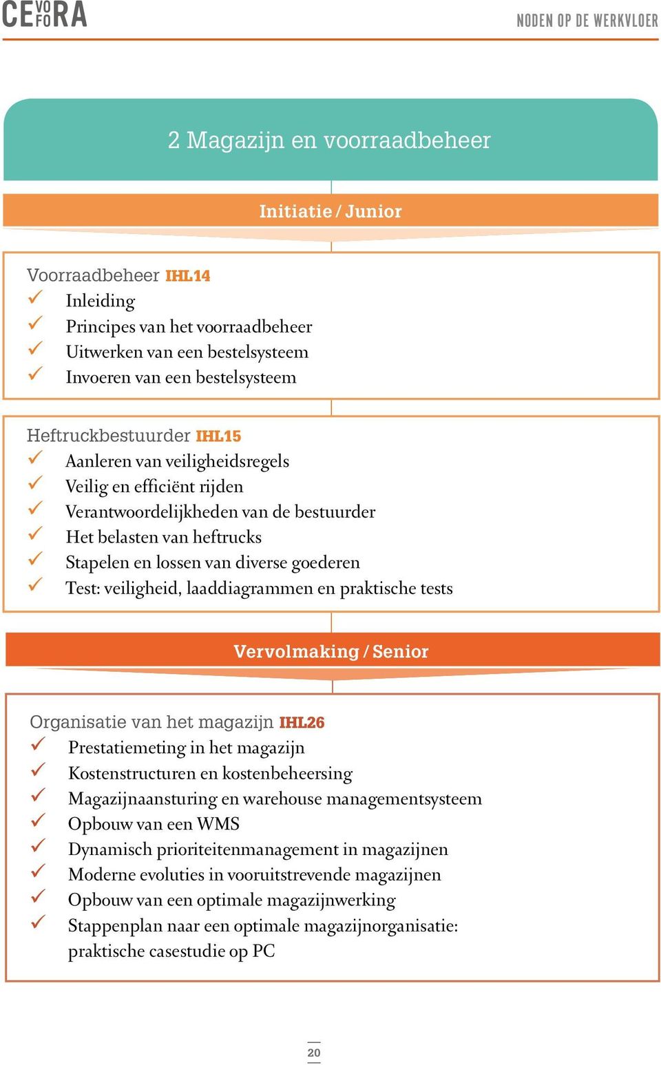 veiligheid, laaddiagrammen en praktische tests Vervolmaking / Senior Organisatie van het magazijn IHL26 Prestatiemeting in het magazijn Kostenstructuren en kostenbeheersing Magazijnaansturing en