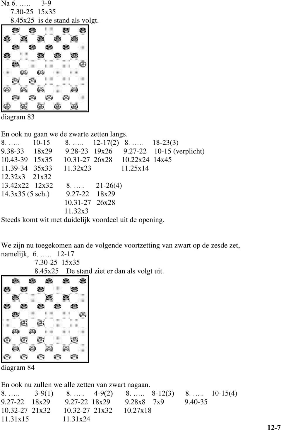 32x3 Steeds komt wit met duidelijk voordeel uit de opening. We zijn nu toegekomen aan de volgende voortzetting van zwart op de zesde zet, namelijk, 6... 12-17 7.30-25 15x35 8.