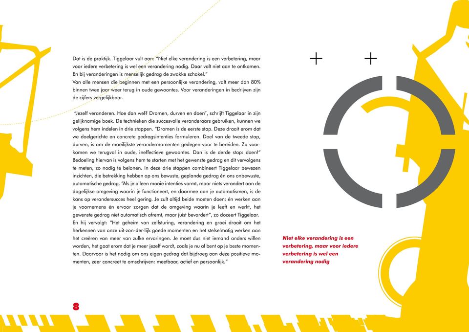 Voor veranderingen in bedrijven zijn de cijfers vergelijkbaar. Jezelf veranderen. Hoe dan wel? Dromen, durven en doen, schrijft Tiggelaar in zijn gelijknamige boek.