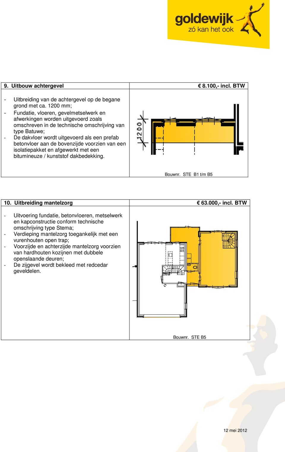 aan de bovenzijde voorzien van een isolatiepakket en afgewerkt met een bitumineuze / kunststof dakbedekking. Bouwnr. STE B1 t/m B5 10. Uitbreiding mantelzorg 63.000,- incl.