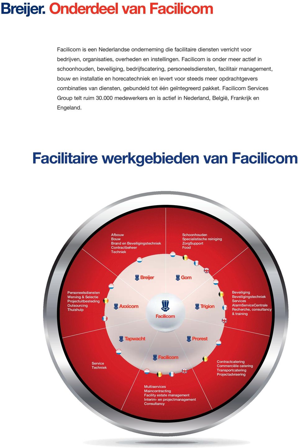 opdrachtgevers combinaties van diensten, gebundeld tot één geïntegreerd pakket. Facilicom Services Group telt ruim 30.000 medewerkers en is actief in Nederland, België, Frankrijk en Engeland.