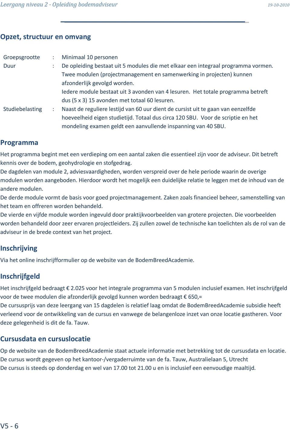 Het totale programma betreft dus (5 x 3) 15 avonden met totaal 60 lesuren.