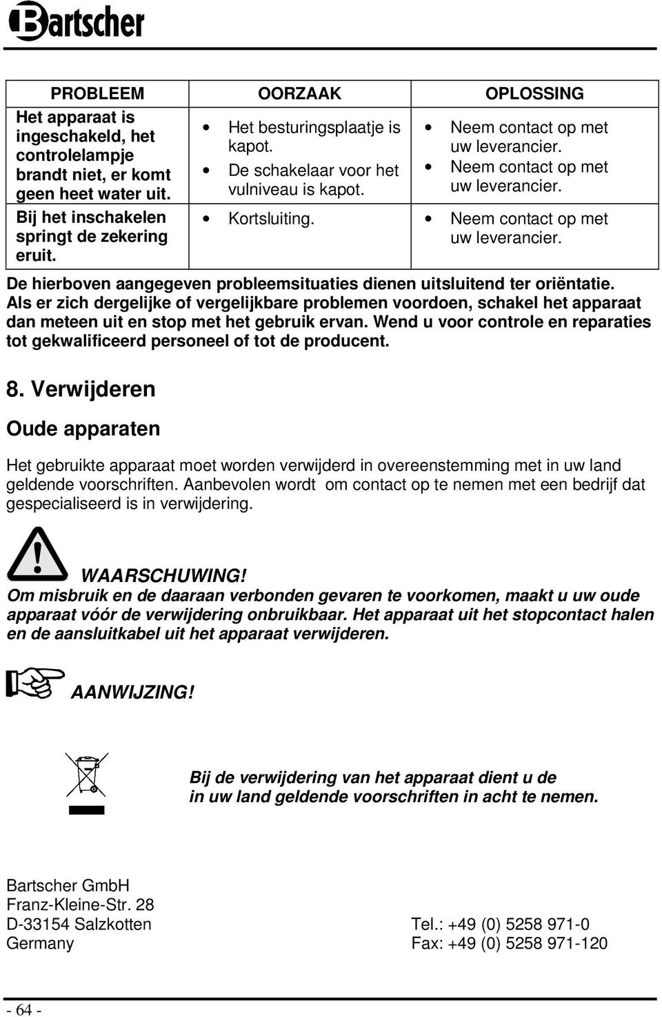 Als er zich dergelijke of vergelijkbare problemen voordoen, schakel het apparaat dan meteen uit en stop met het gebruik ervan.