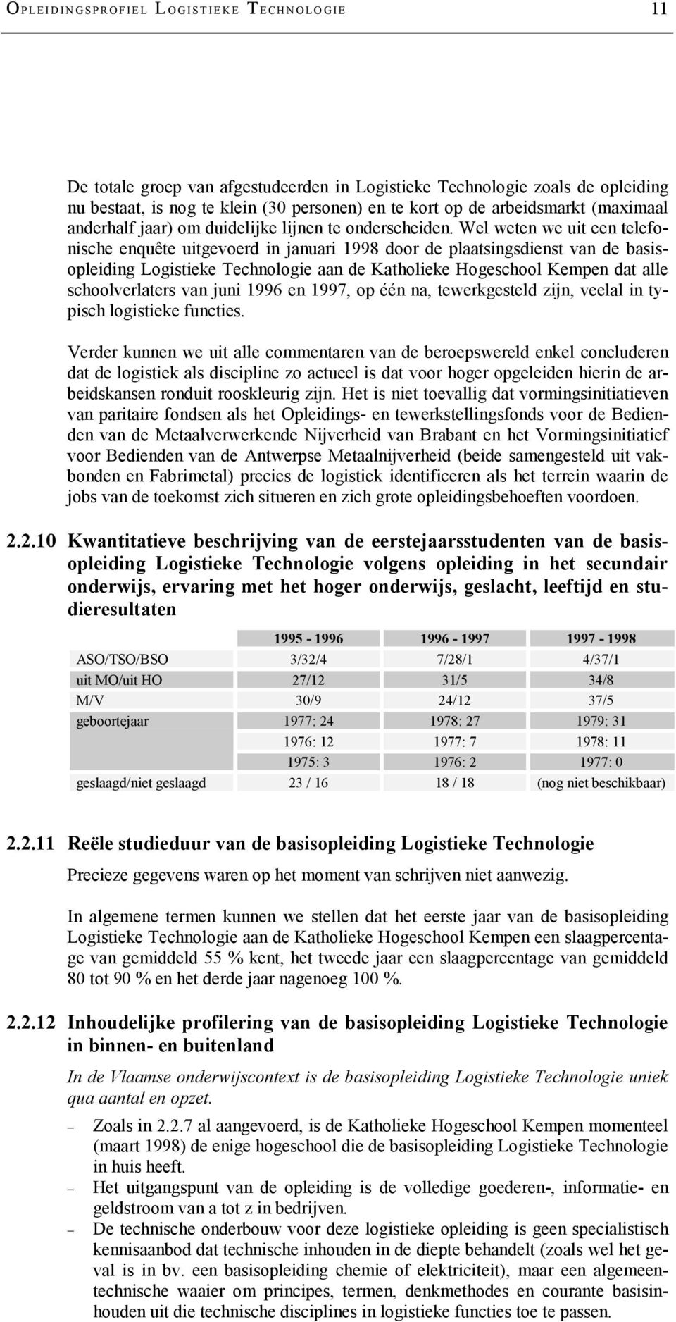 Wel weten we uit een telefonische enquête uitgevoerd in januari 1998 door de plaatsingsdienst van de basisopleiding Logistieke Technologie aan de Katholieke Hogeschool Kempen dat alle schoolverlaters