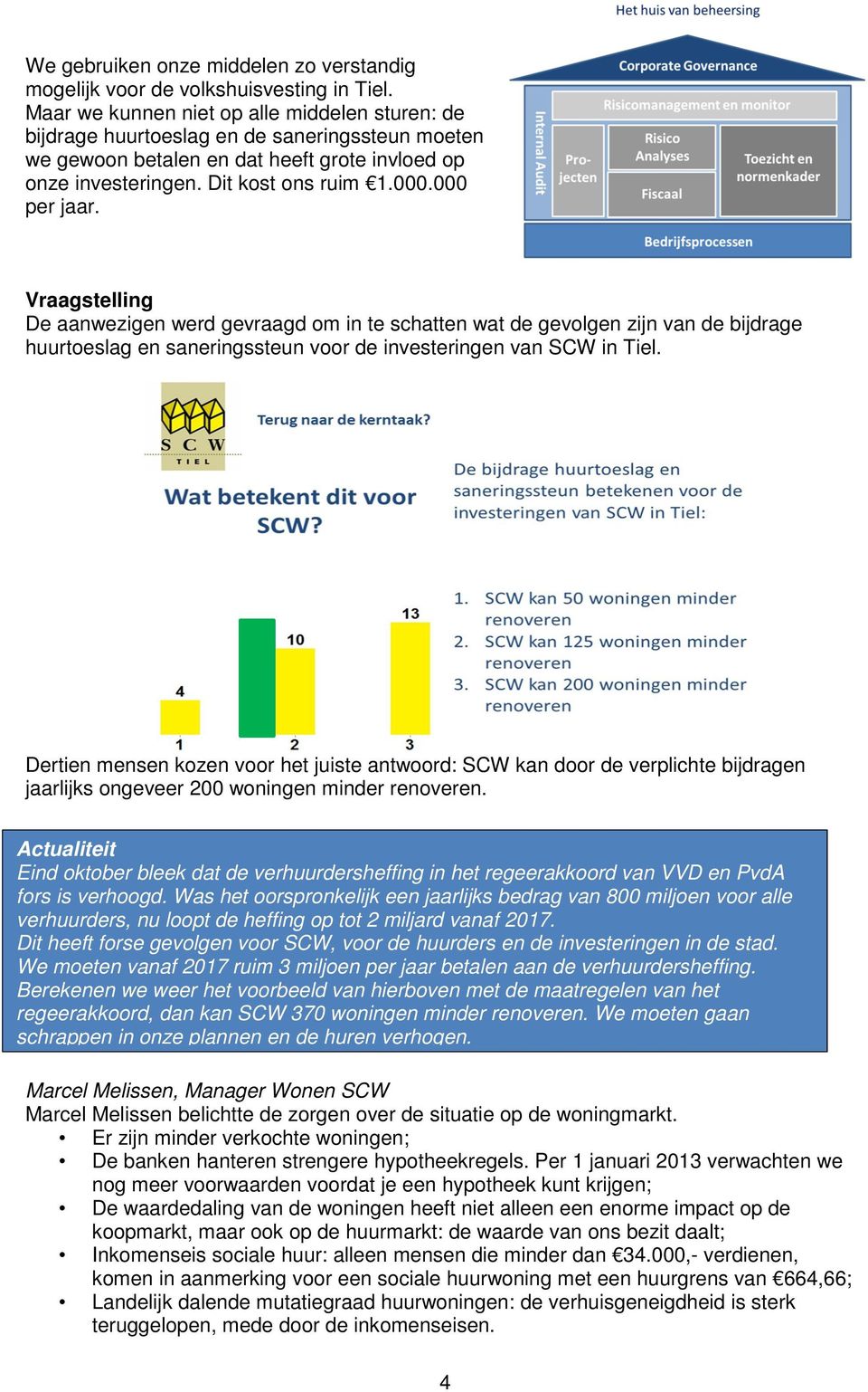 000 per jaar. Vraagstelling De aanwezigen werd gevraagd om in te schatten wat de gevolgen zijn van de bijdrage huurtoeslag en saneringssteun voor de investeringen van SCW in Tiel.